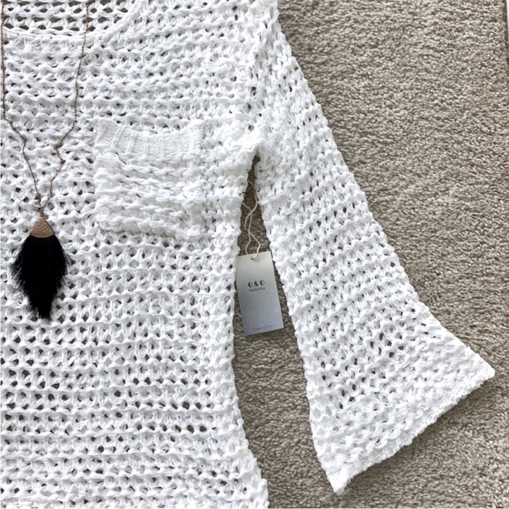 White Open Weave, Bell Sleeve Sweater - Picture 4 of 6